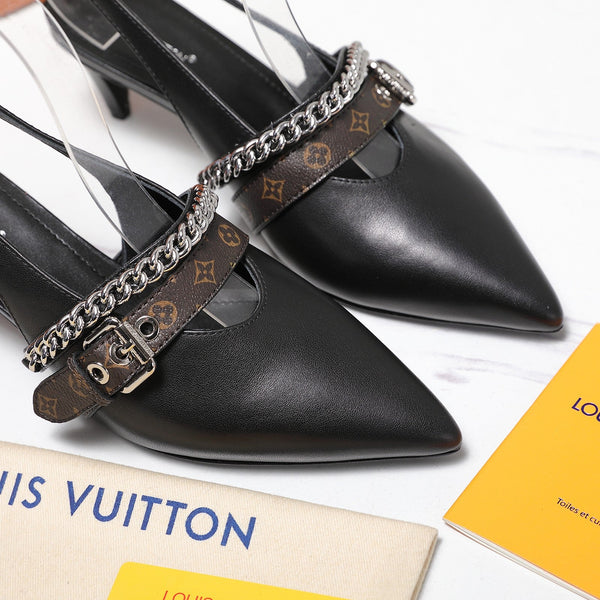 LV Vibe Slingback Pumps 55 Black Glossy Naplak Leather 600672