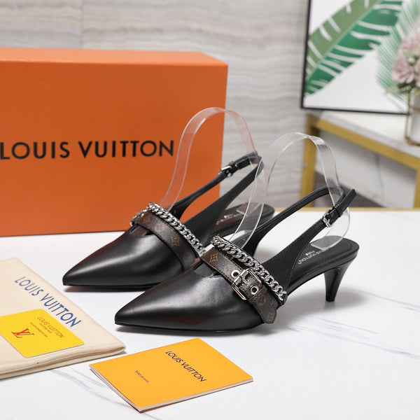 LV Vibe Slingback Pumps 55 Black Glossy Naplak Leather 600672