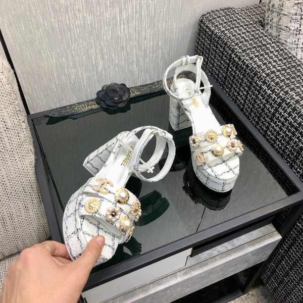 Chanel 26 Runway Style High-Heeled Sandals White in Tweed Fabric 602479