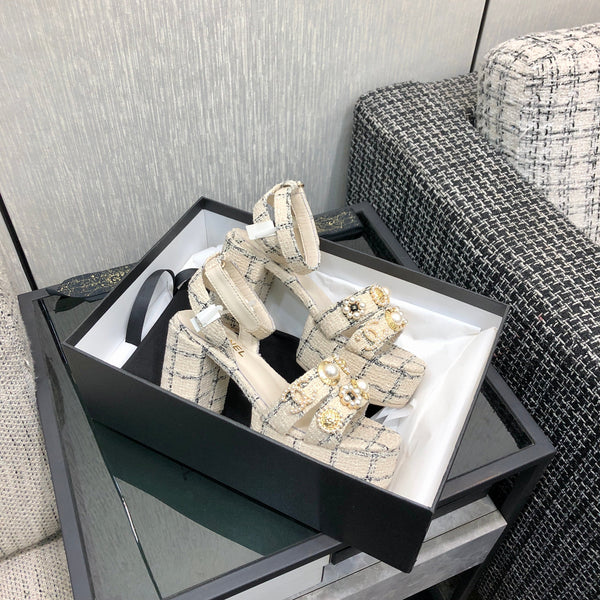 Chanel 26 Runway Style High-Heeled Sandals Off-White in Tweed Fabric 602478