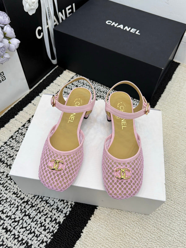 Chanel Square Toe Mary Jane Flats Pink in Mesh fabric 602170