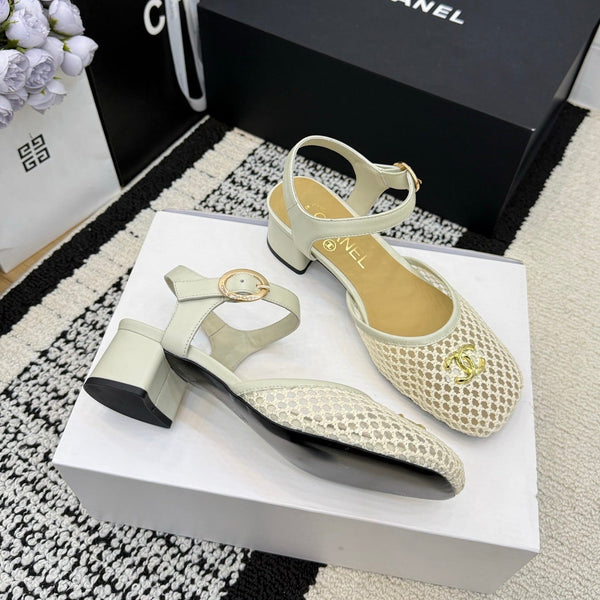 Chanel Square Toe Mary Jane Flats Off-white in Mesh fabric 602169