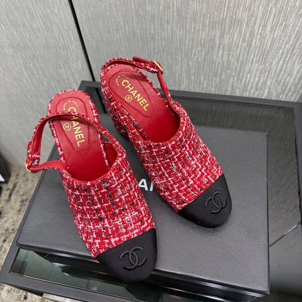 Chanel 26 Classic Chunky Heel Open Back Sandal 95 Red in Tweed Fabric 602498