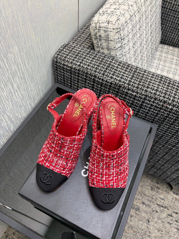 Chanel 26 Classic Chunky Heel Open Back Sandal 95 Red in Tweed Fabric 602498
