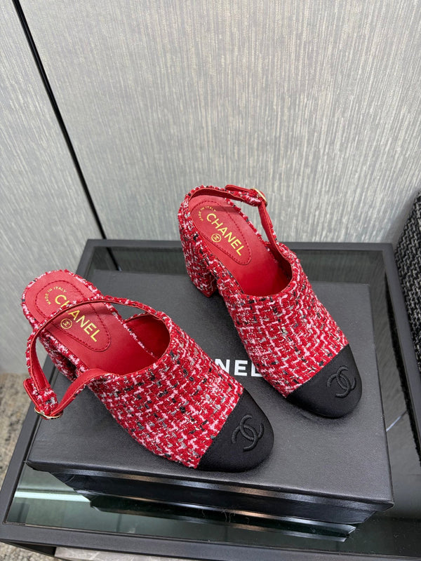 Chanel 26 Classic Chunky Heel Open Back Sandal 95 Red in Tweed Fabric 602498