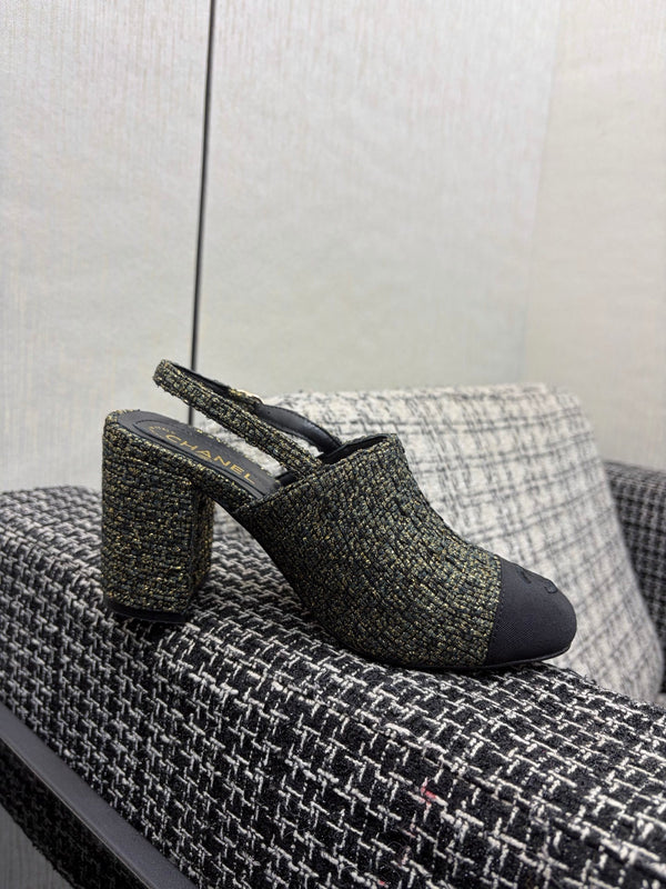 Chanel 26 Classic Chunky Heel Open Back Sandal 95 Olive Green in Tweed Fabric 602496