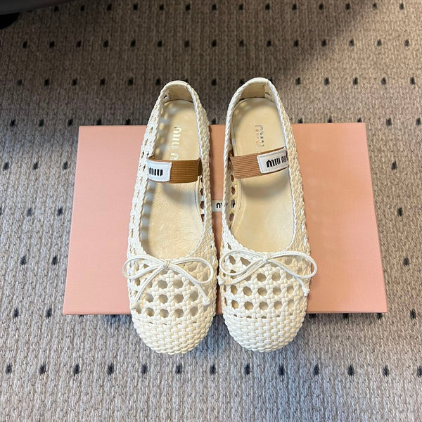 Miu Miu 26SS Ballet Flats White in Sheepskin Leather Woven Mesh 614699