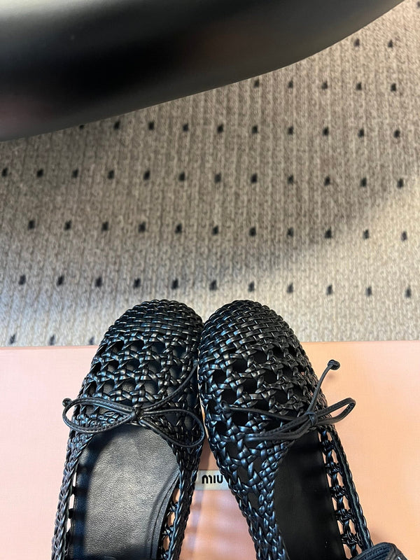 Miu Miu 26SS Ballet Flats Black in Sheepskin Leather Woven Mesh 614698