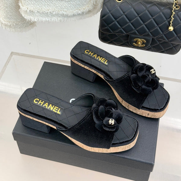 Chanel 26C Camellia Wood Grain Platform Sandals Black in Velvet Leather 615917