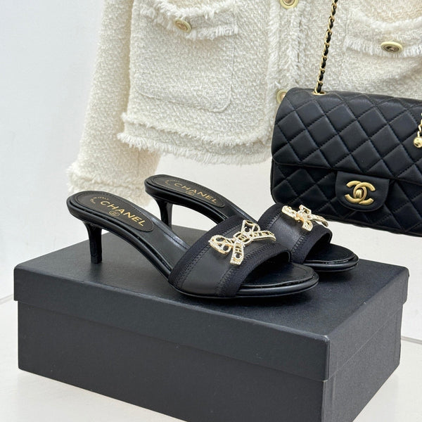 Chanel Classic Rhinestone Double C Bow Kitten Heel Slippers Black in Sheepskin 615820