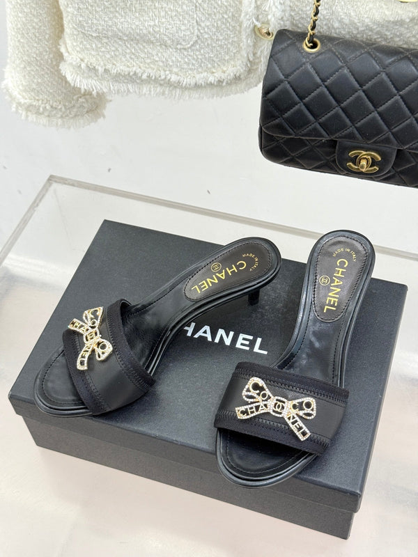 Chanel Classic Rhinestone Double C Bow Kitten Heel Slippers Black in Sheepskin 615820