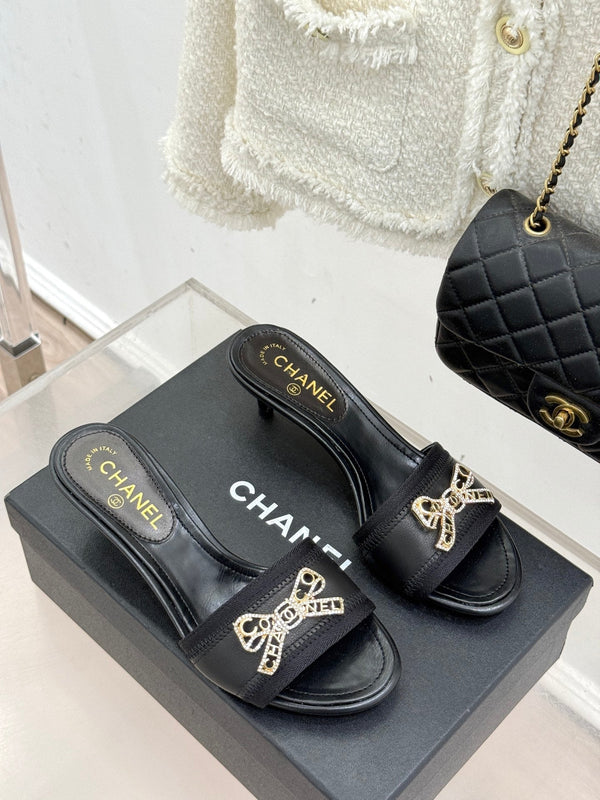 Chanel Classic Rhinestone Double C Bow Kitten Heel Slippers Black in Sheepskin 615820