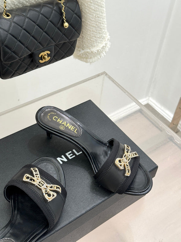 Chanel Classic Rhinestone Double C Bow Kitten Heel Slippers Black in Sheepskin 615820