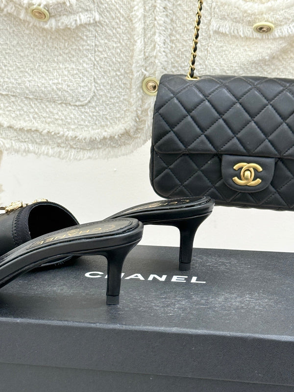 Chanel Classic Rhinestone Double C Bow Kitten Heel Slippers Black in Sheepskin 615820