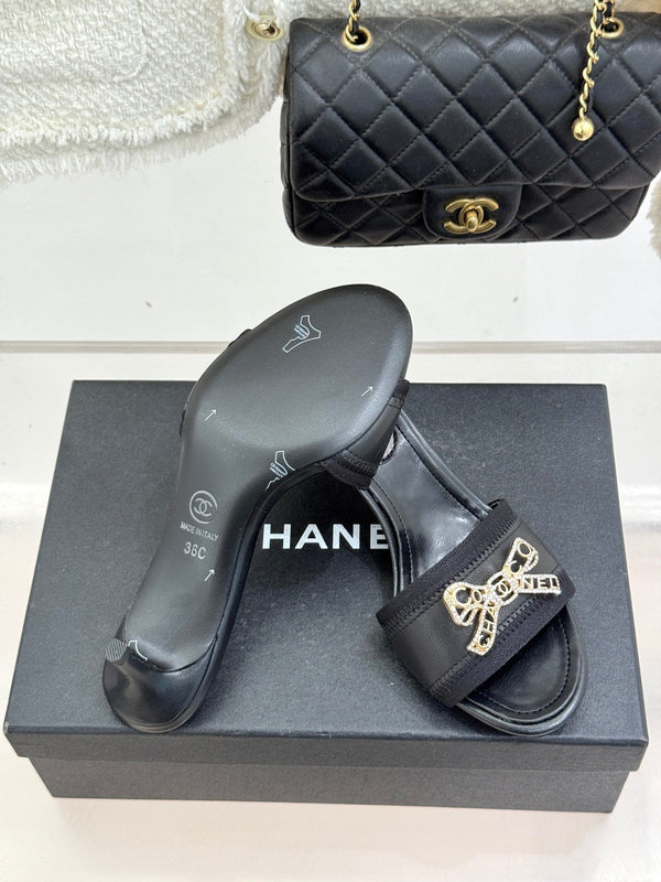 Chanel Classic Rhinestone Double C Bow Kitten Heel Slippers Black in Sheepskin 615820