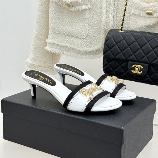 Chanel Classic Rhinestone Double C Bow Kitten Heel Slippers White in Sheepskin 615819