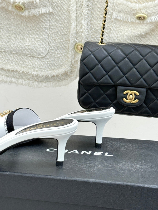 Chanel Classic Rhinestone Double C Bow Kitten Heel Slippers White in Sheepskin 615819