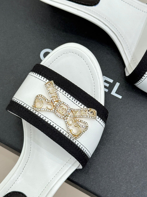 Chanel Classic Rhinestone Double C Bow Kitten Heel Slippers White in Sheepskin 615819