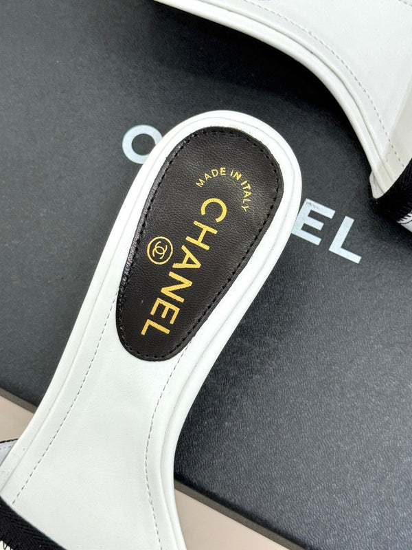 Chanel Classic Rhinestone Double C Bow Kitten Heel Slippers White in Sheepskin 615819