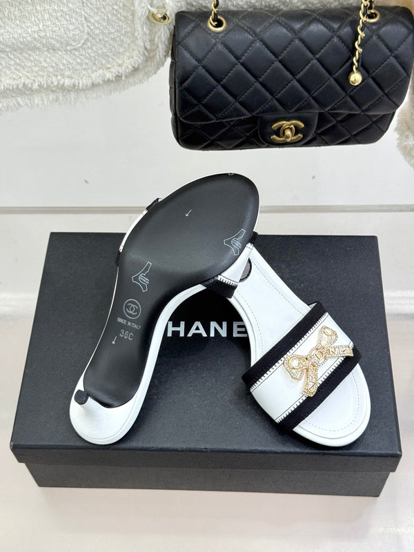 Chanel Classic Rhinestone Double C Bow Kitten Heel Slippers White in Sheepskin 615819