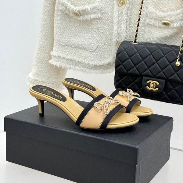 Chanel Classic Rhinestone Double C Bow Kitten Heel Slippers Beige in Sheepskin 615818