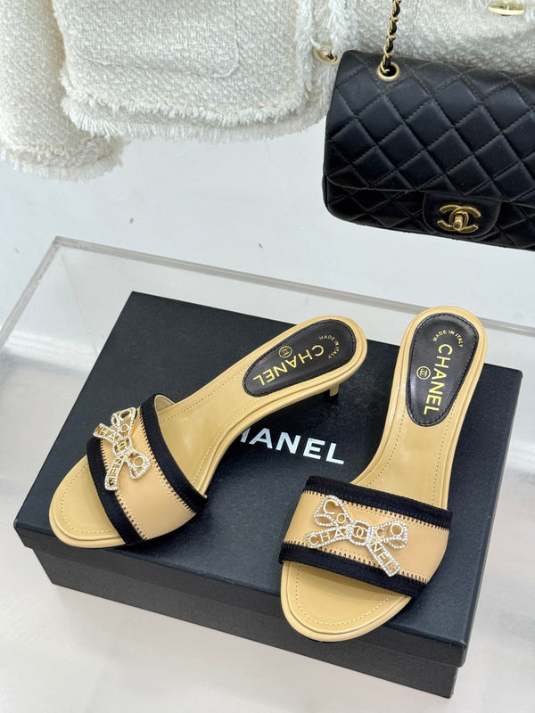 Chanel Classic Rhinestone Double C Bow Kitten Heel Slippers Beige in Sheepskin 615818