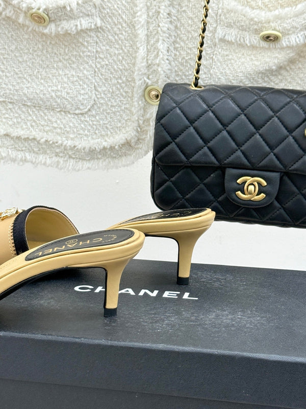 Chanel Classic Rhinestone Double C Bow Kitten Heel Slippers Beige in Sheepskin 615818