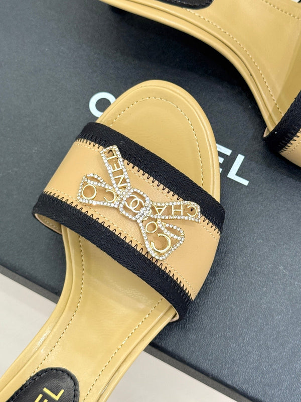 Chanel Classic Rhinestone Double C Bow Kitten Heel Slippers Beige in Sheepskin 615818