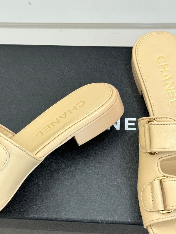 Chanel 26C Double C Backpack Buckle Velcro Slippers Beige in Lambskin 615794