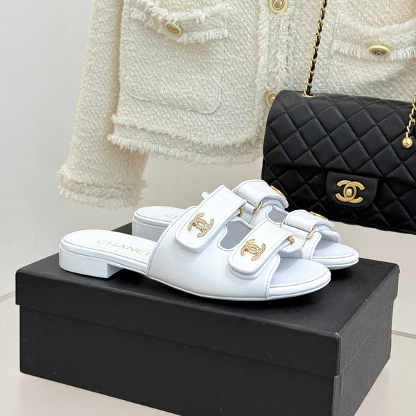Chanel 26C Double C Backpack Buckle Velcro Slippers White in Lambskin 615792
