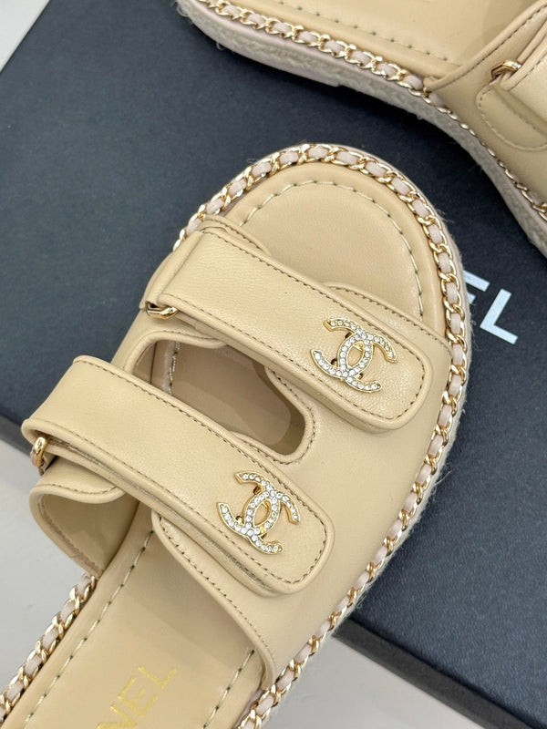 Chanel 26C Chain Double C Buckle Slippers Beige Cowhide 615786
