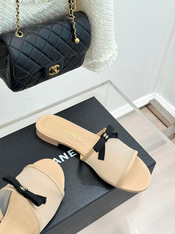 Chanel  26C Double C Bow Slippers Beige in Mesh 615708