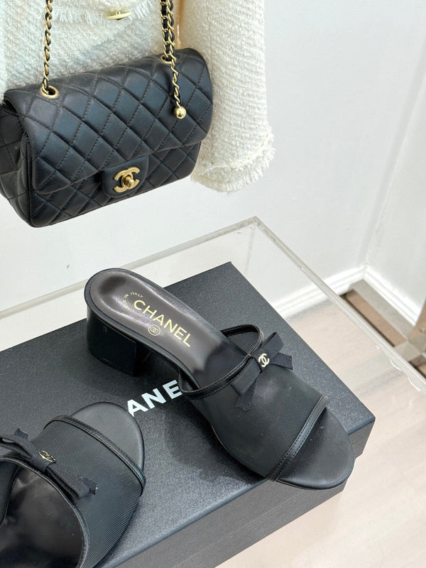 Chanel  26C Double C Bow Slippers High Heel Black in Mesh 615707