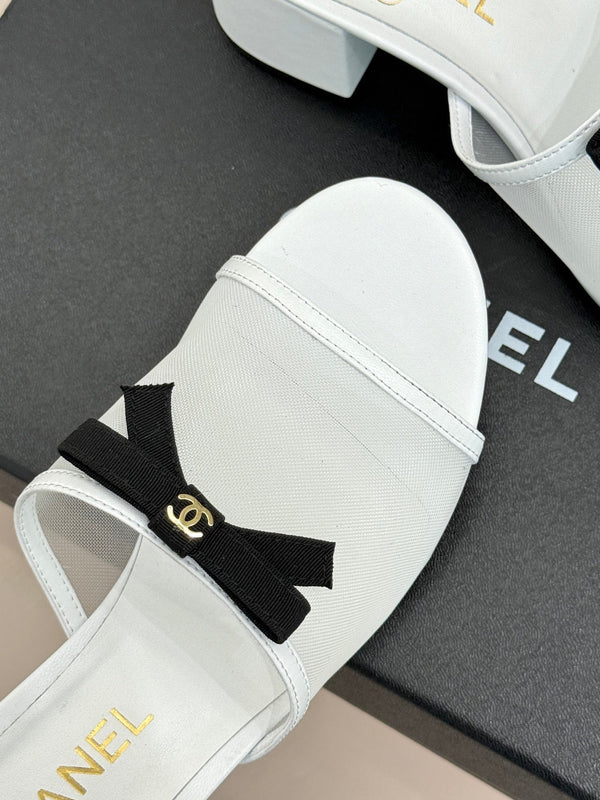 Chanel  26C Double C Bow Slippers High Heel White in Mesh 615704