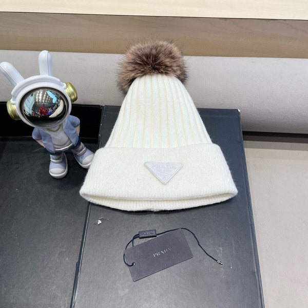 Prada Fleece-Lined Thick Real Fox Fur Pom-Pom Knitted White Hat 125677