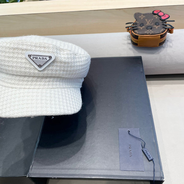 Prada Elegant Hat White Knitted Woolen Fabric 125658