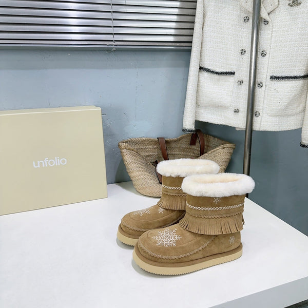 UNFOLIO 26SS Snow Ankel Boots Light Brown in Lambswool and Cow Suede 629523