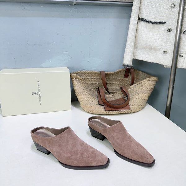 BRUNELLO CUCINELLI 26 Closed-Toe Chunky Heel Mules Pink in Cow Suede 629529