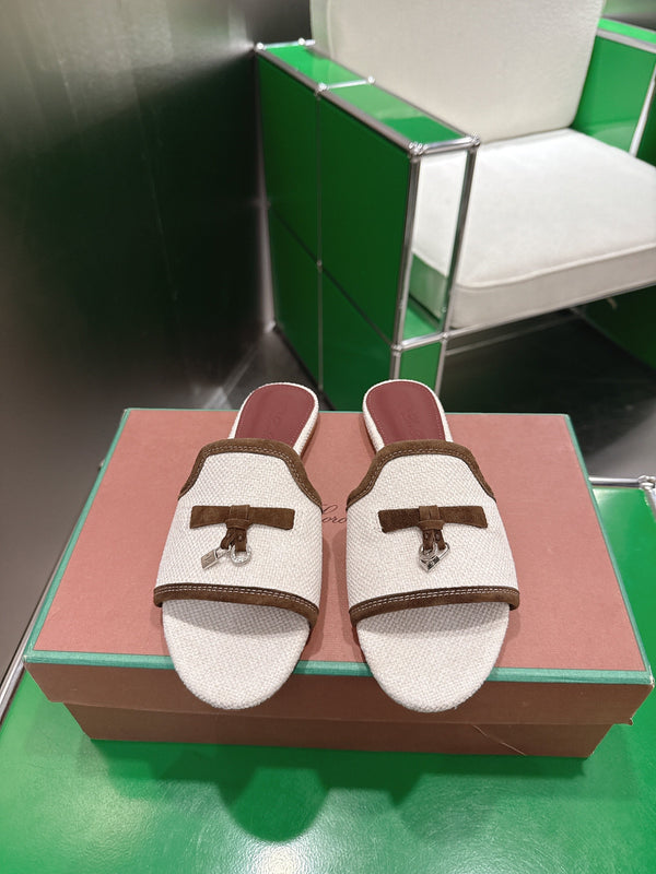 Loro Piana 26 Slippers Ivory Brown Wish Sheepskin Fabric 632134