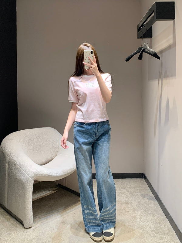 Celine 26SS Neck Short Sleeve T-Shirt Pink in Cotton 813204