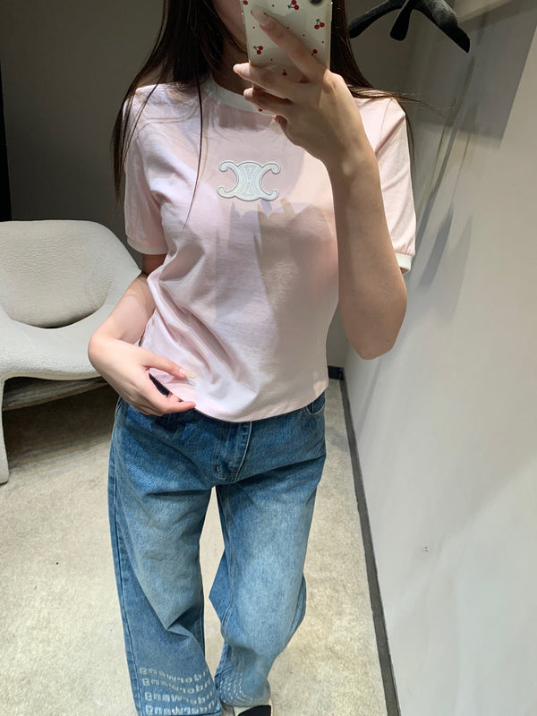 Celine 26SS Neck Short Sleeve T-Shirt Pink in Cotton 813204