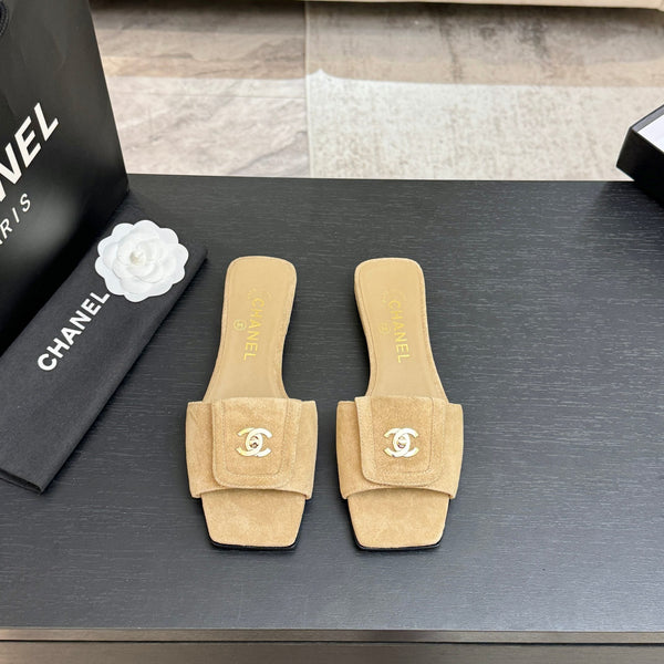 Chanel 26C Double C Buckle Square Toe Slippers Beige in Suede 673026
