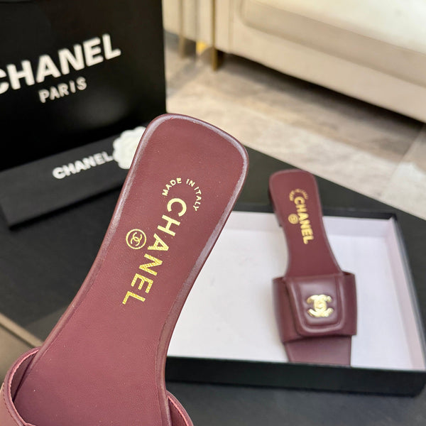 Chanel 26C Double C Buckle Square Toe Slippers Burgundy in Lambskin 673025