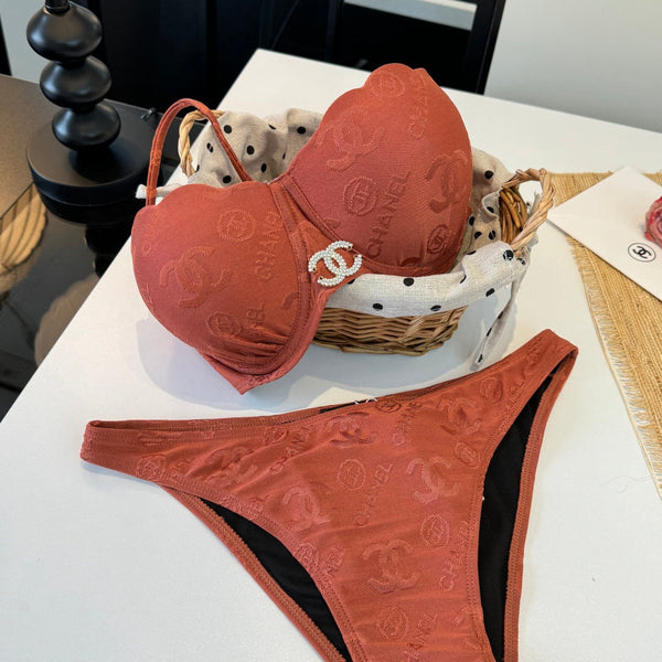Chanel  Two-piece Bikini Swimsuit with Underwire Earthy Orange in Cotton 195161