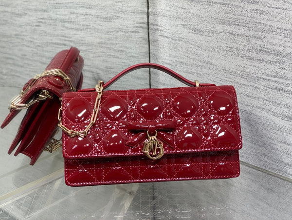 Dior 26 Bow Pearl Chain Clutch In Red Glossy Lambskin GHW