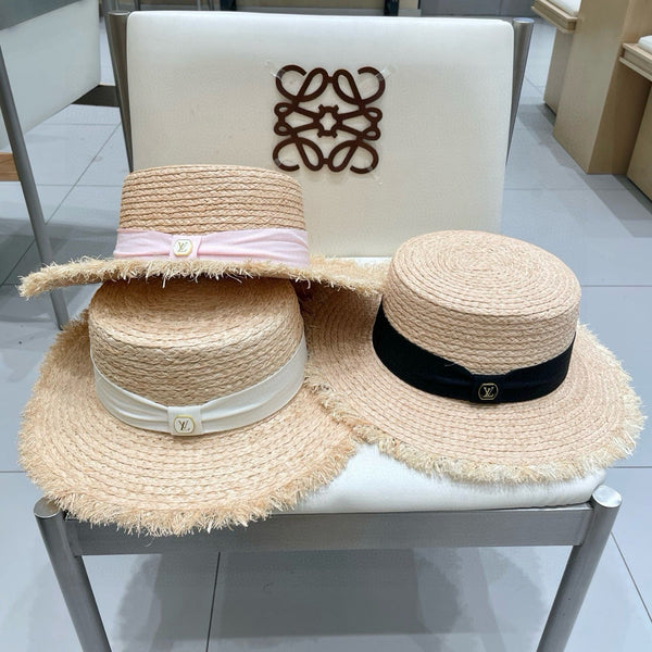 LV Hat Flat Top Frayed Brim Beige Pink in Raffia 207231
