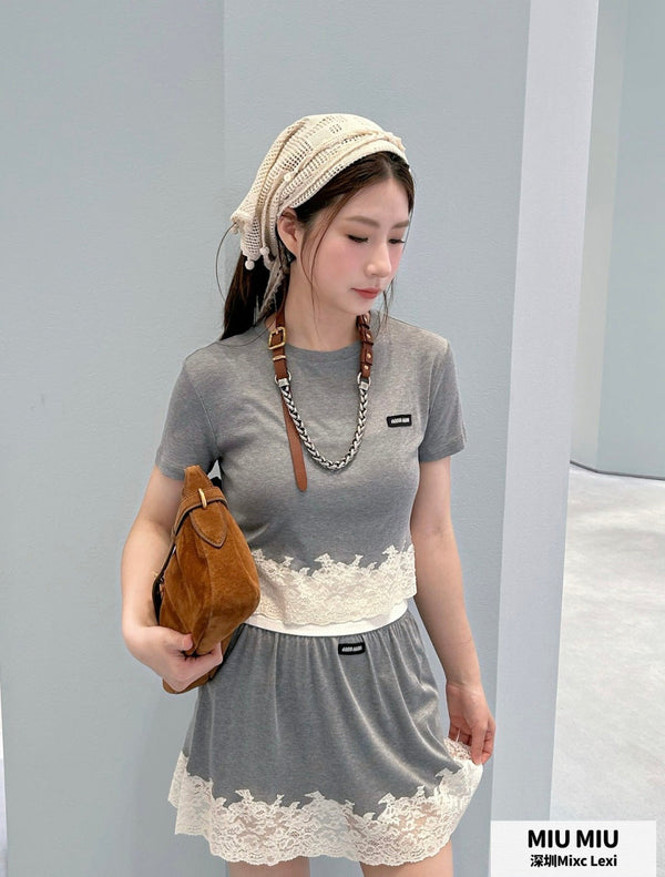 Miu Miu Grey Lace-Trimmed Midi Skirt in Mulberry Silk Cotton YB 195604