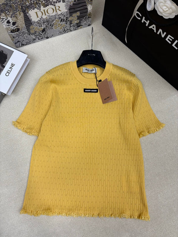 Miu Miu 26 Crew Neck Short-Sleeve Top Yellow in Knitting 191310
