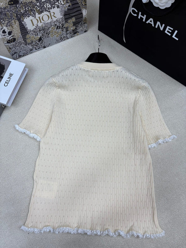 Miu Miu 26 Crew Neck Short-Sleeve Top Cream in Knitting 191308