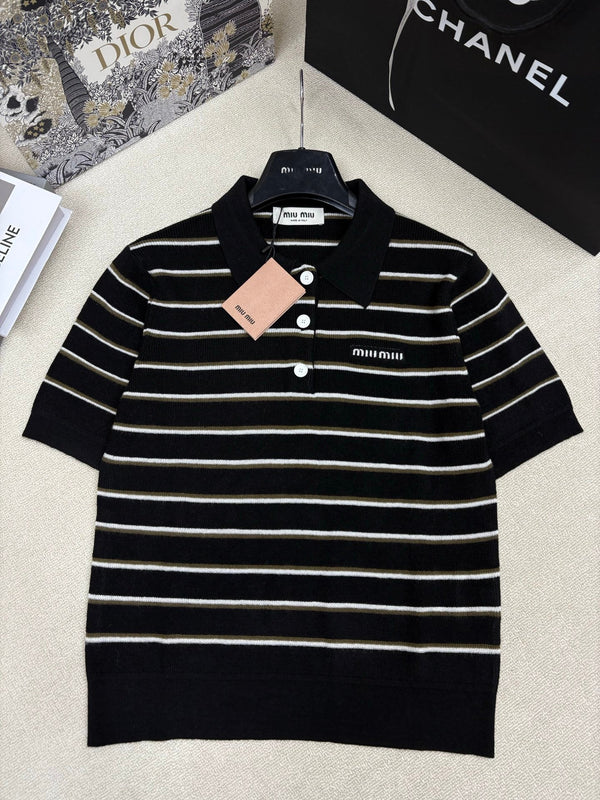 Miu Miu 26 Short-Sleeve Collared T-Shirt Black in Wool 191274